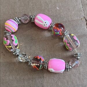 MORANO GLASS  pinks Beaded Bracelet with Bunny Design/ butterflies painted/